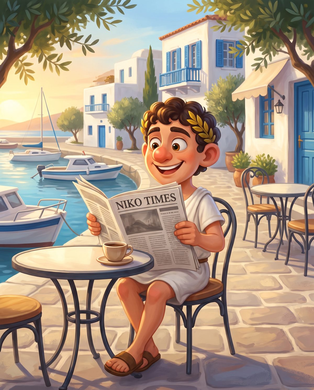 Niko reading today's Niko Times at a harbour café