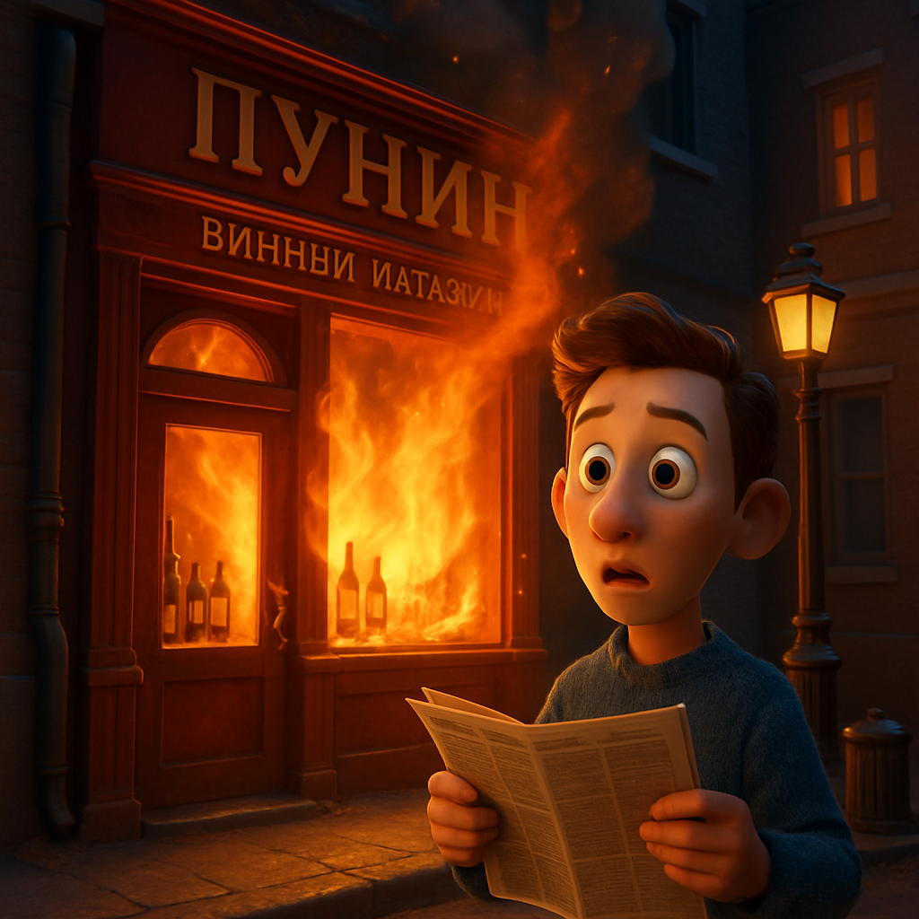 Нашим читателем сообщается, что этой ночью подожгли винный магазин Пунина