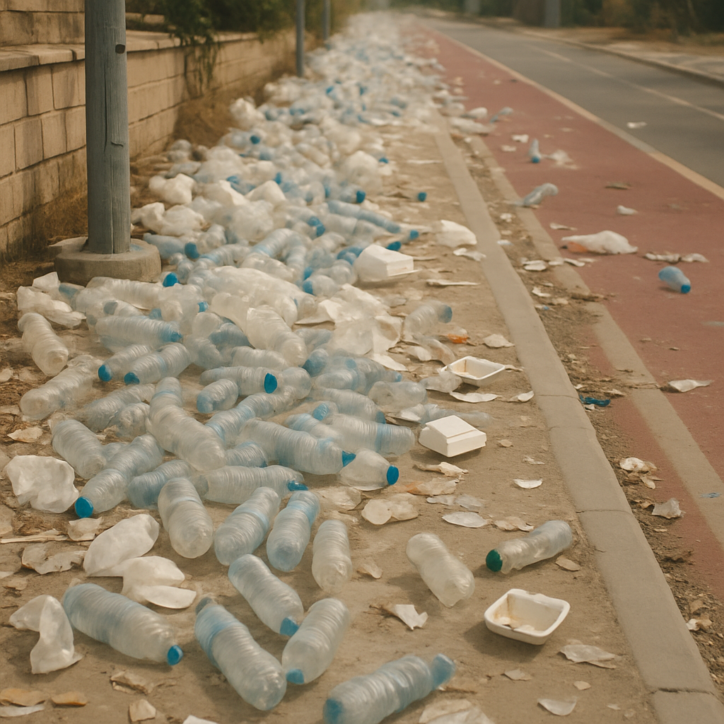 Dozens of plastic bottles and trash were scattered along the sidewalk and bike path in Nicosia after today's marathon
