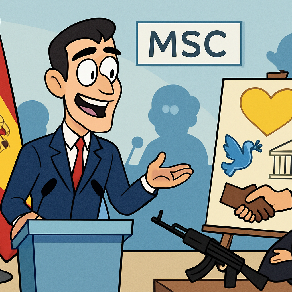 The Spanish president participates in the Munich Security Conference for the first time and questions the rearmament strategies of the powers.