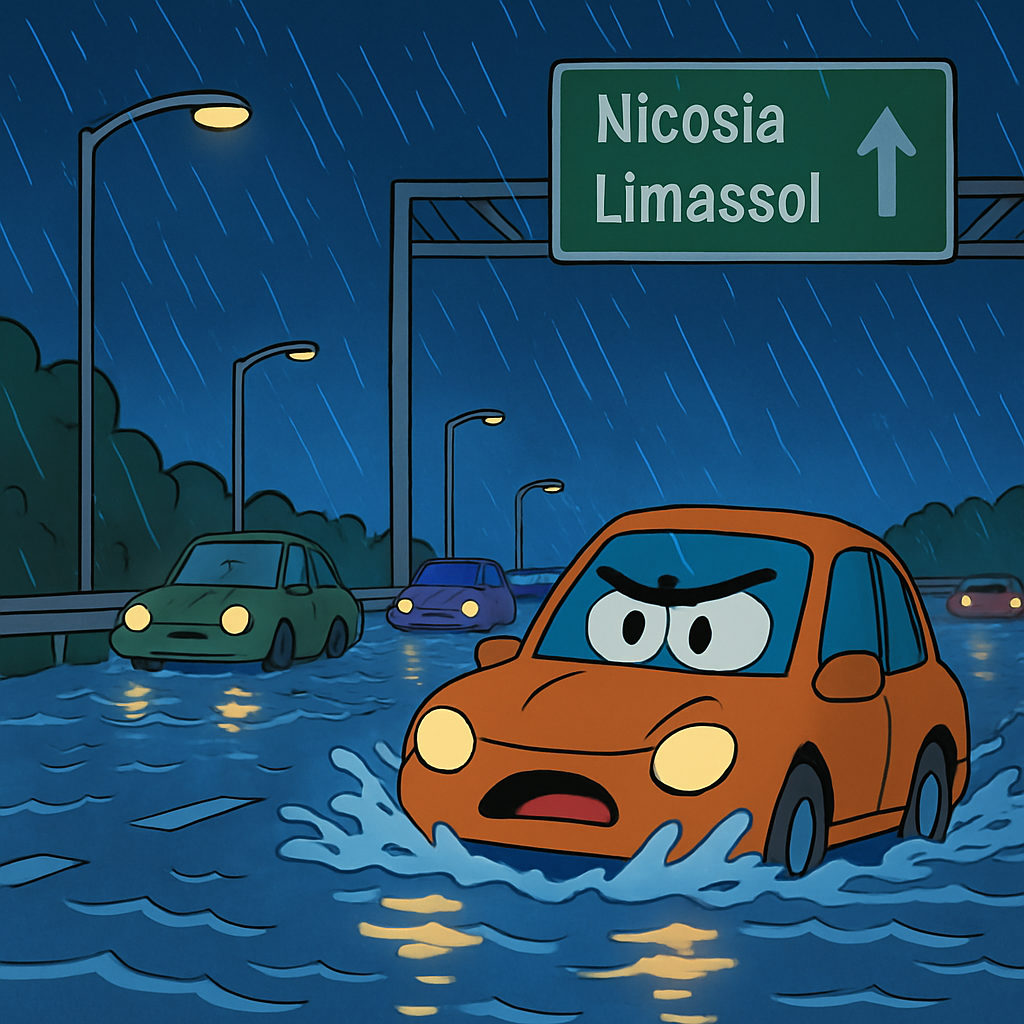 Debido a la intensa lluvia que comenzó alrededor de las 8:00 PM, hay una gran acumulación de agua en la autopista Nicosia-Limassol