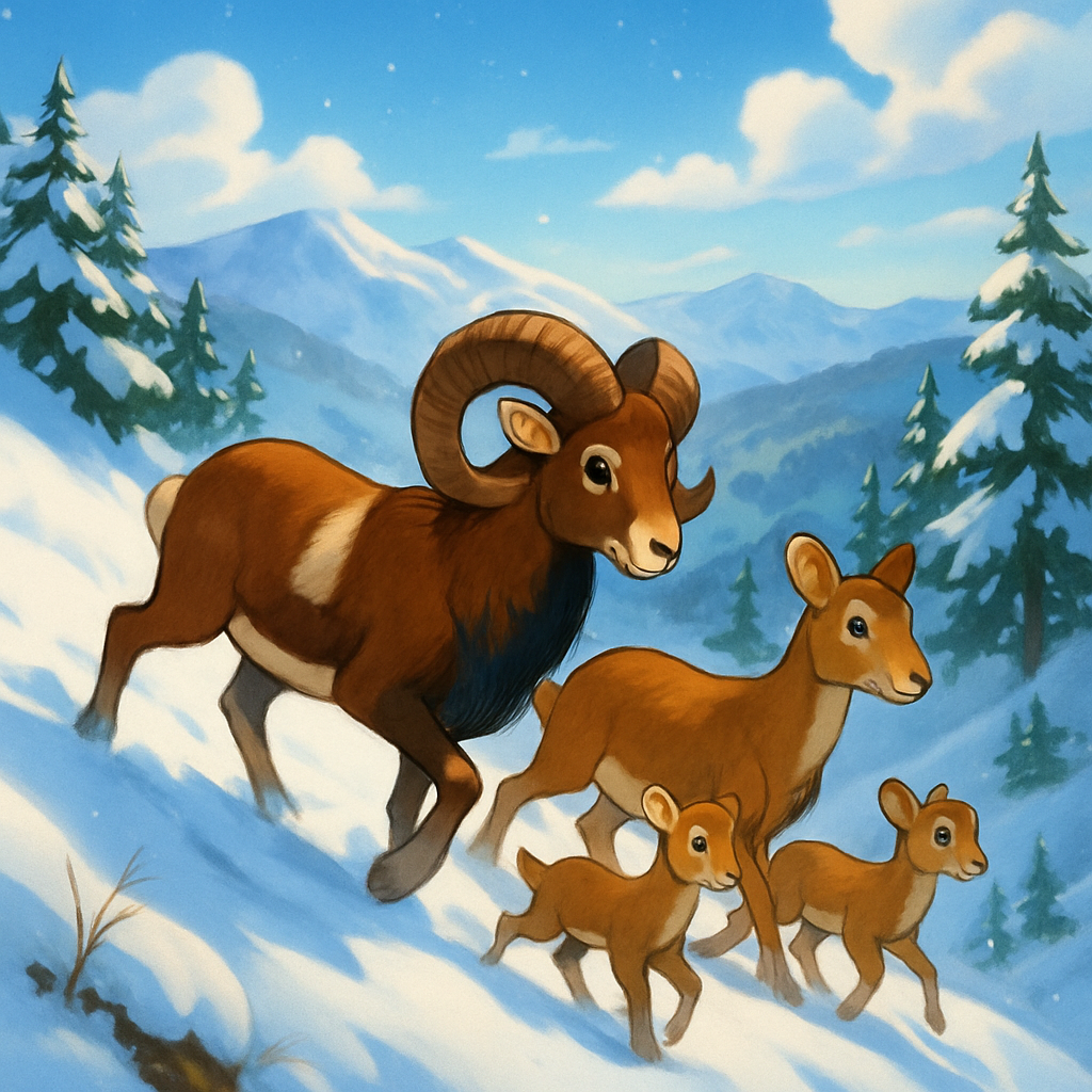 In Cyprus, in the mountains, a family of mouflons was captured crossing a snow-covered slope