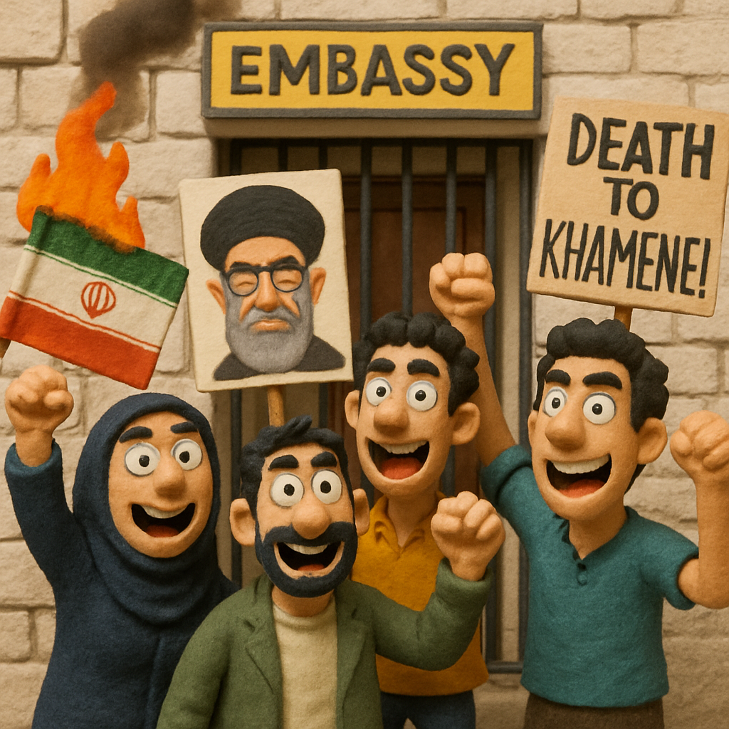 Los iraníes que viven en Chipre se reunieron el domingo frente a la embajada en Nicosia para celebrar la muerte del Líder Supremo Jomeini, quien fue asesinado durante una serie de ataques estadounidenses-israelíes en Irán.