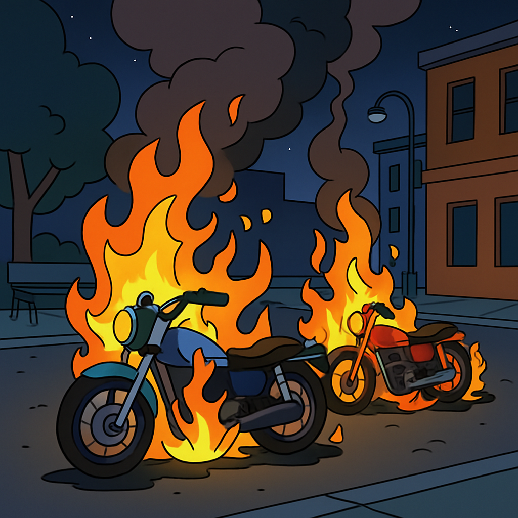 Last night, two motorcycles burned in the center of Deryneia