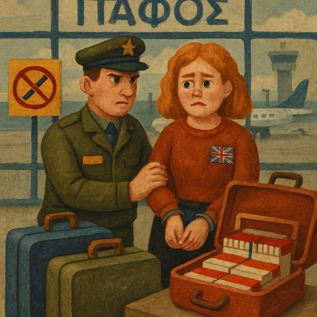 В аэропорту Пафоса задержали гражданку Великобритании за контрабанду: она пыталась вывезти три чемодана сигарет, на которых не было необходимых маркировок