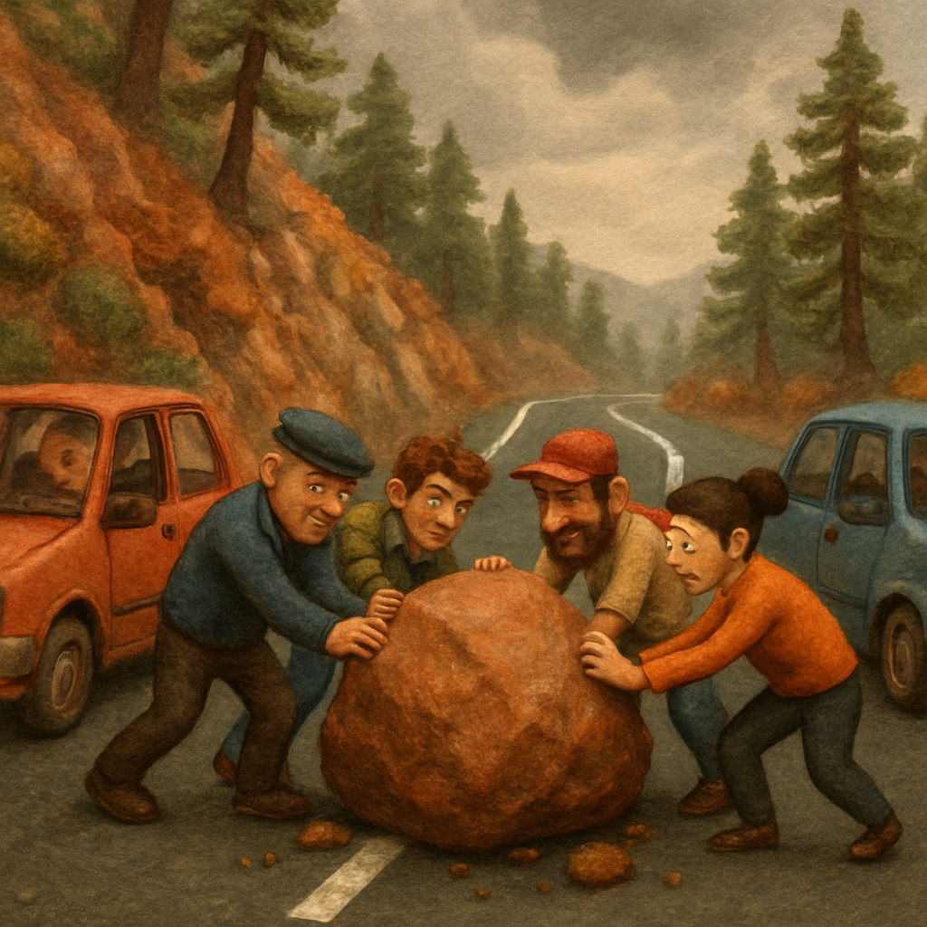 Drivers of cars passing on the Platres-Troodos road joined forces to remove a large stone that fell in the middle of the road after a landslide