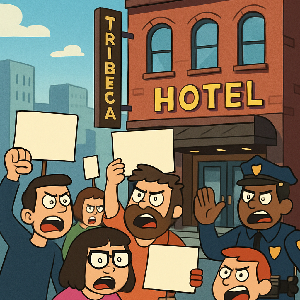 The demonstration at the TriBeCa hotel followed a similar targeting of a Hilton property in Minneapolis on Sunday