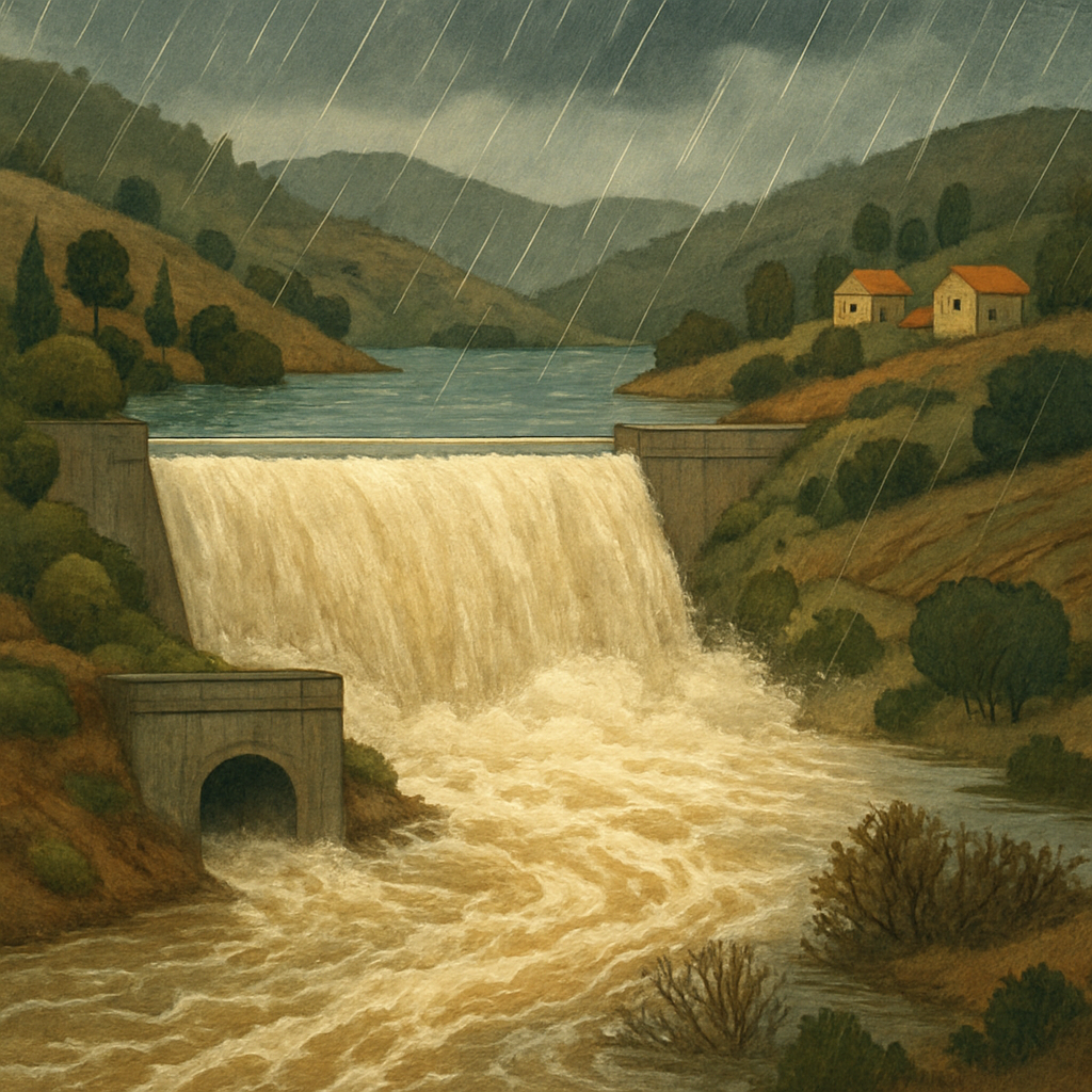 The reservoir in Pomos overflowed after recent heavy rains in the region, although overall water reserves in Cyprus remain critically low.