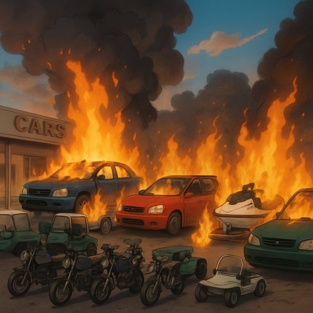 After an alleged arson at a car dealership parking lot in Paphos, a fire destroyed 4 vehicles and damaged 6 others, as well as burned 11 motorcycles, 3 golf carts, and a jet ski